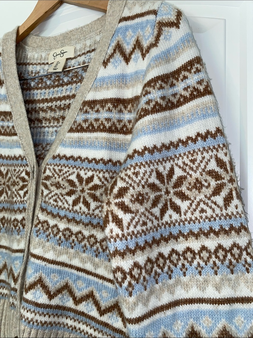 Jessica Simpson Beige, Brown and Light Blue Button Cropped Cardigan size Large - Picture 7 of 8